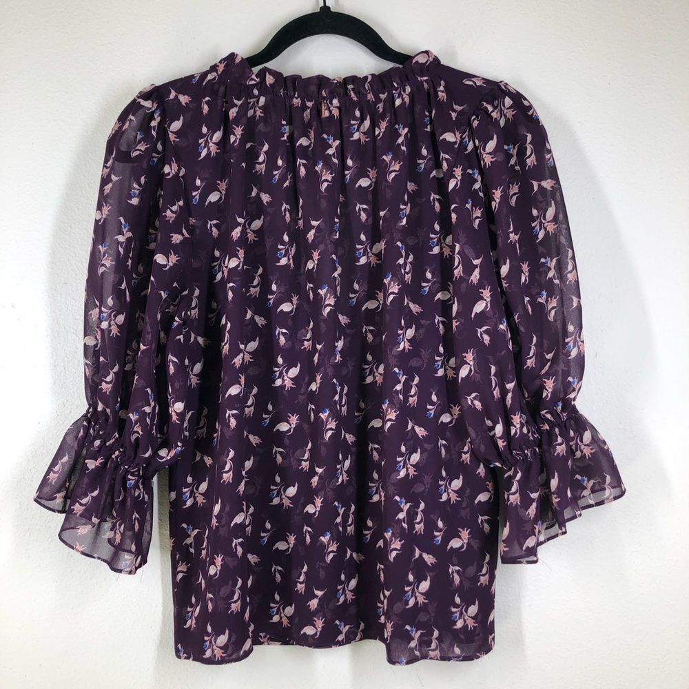 MISA Los Angeles Top Purple Floral Blouse Short Sleeve Shirt V Neck Sheer Small - Picture 5 of 8